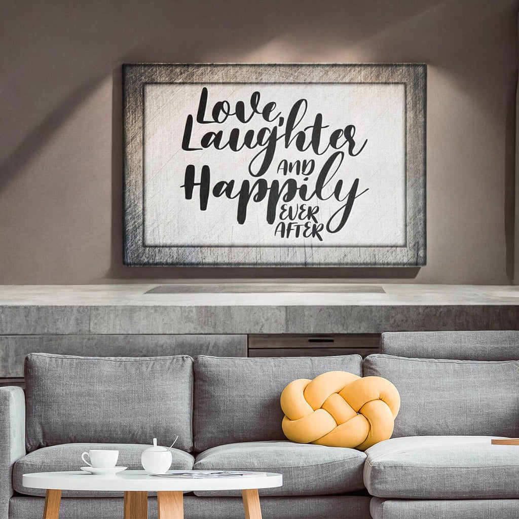 Love, Laughter & Happily Ever After Rustic Canvas Wall Art – Couple Gift