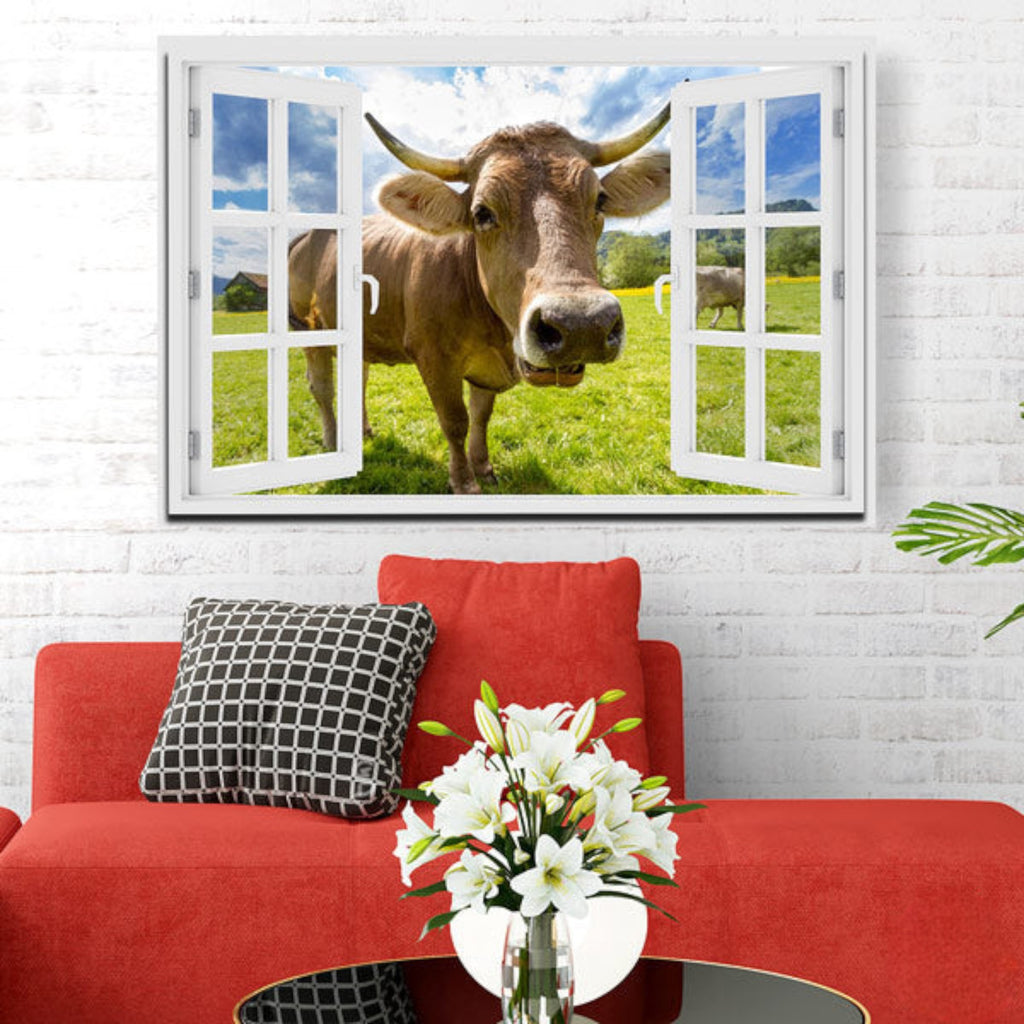Curious Cow At Window Canvas Wall Art – Farmhouse Wall Decor