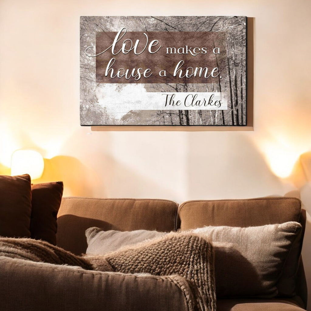 Personalized Love Makes A House A Home Rustic Wood Trees Canvas Wall Art – Family Home Decor