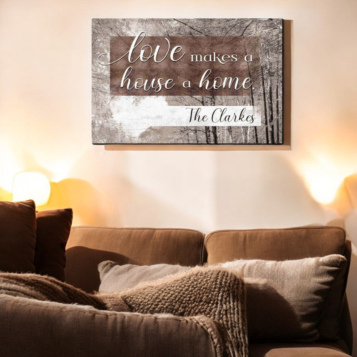 Personalized Love Makes A House A Home Rustic Wood Trees Canvas Wall Art – Family Home Decor
