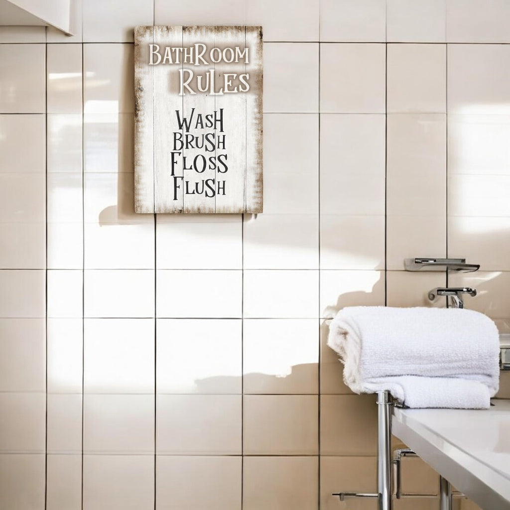 Bathroom Rules - Wash Brush Floss Flush Canvas Wall Art – Funny Bathroom Decor