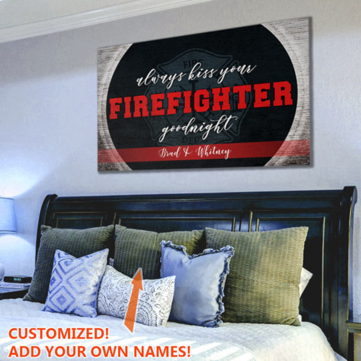 Personalized Always Kiss Your Firefighter Goodnight Canvas Wall Art – Firefighter Family Gift