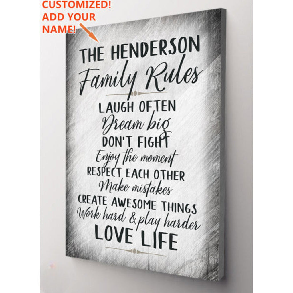 Personalized Family Rules Distressed Gray Canvas Wall Art – Family Home Decor