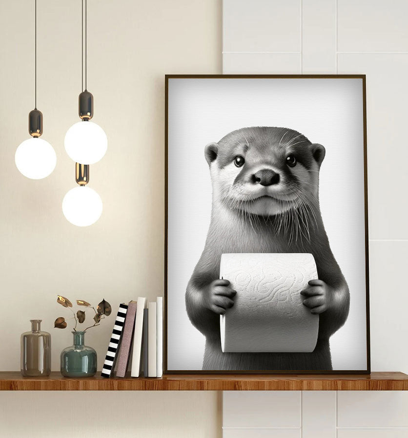 Amazing Otter With Toilet Paper Canvas Wall Art – Funny Bathroom Decor