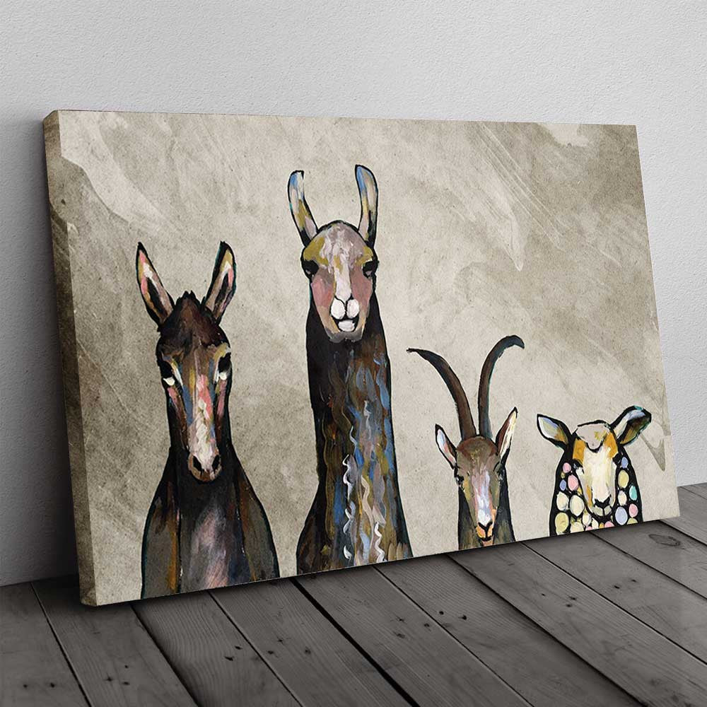 Donkey, Llama, Goat And Sheep Funny Farm Animal Rustic Canvas Wall Art – Farmhouse Wall Decor