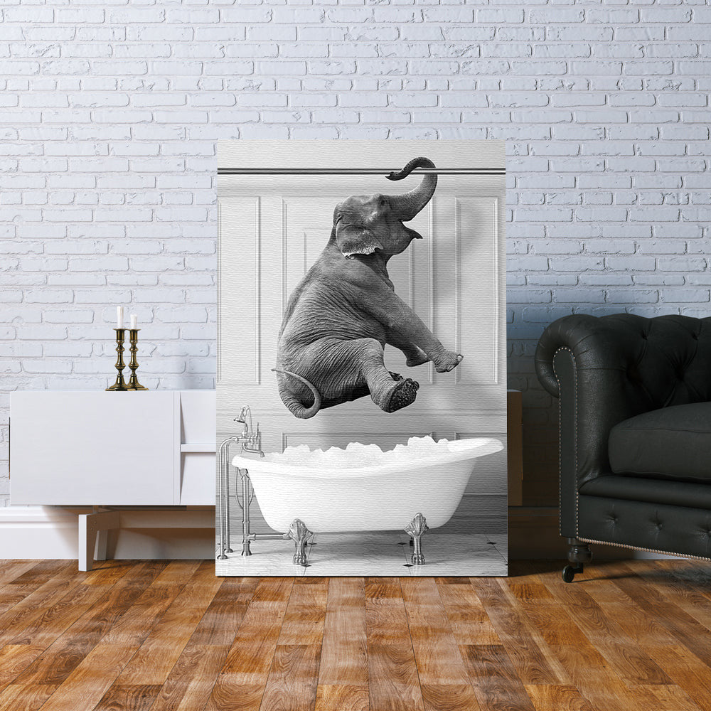Elephant Enjoying In Bathroom Canvas Wall Art – Funny Bathroom Decor