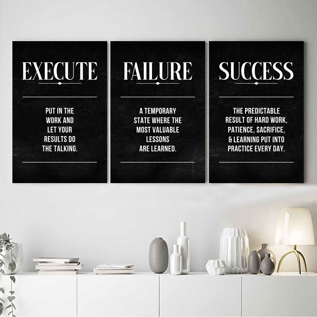 Execute Failure Definition Set of 3 Canvas Wall Art – Motivational Office Decor