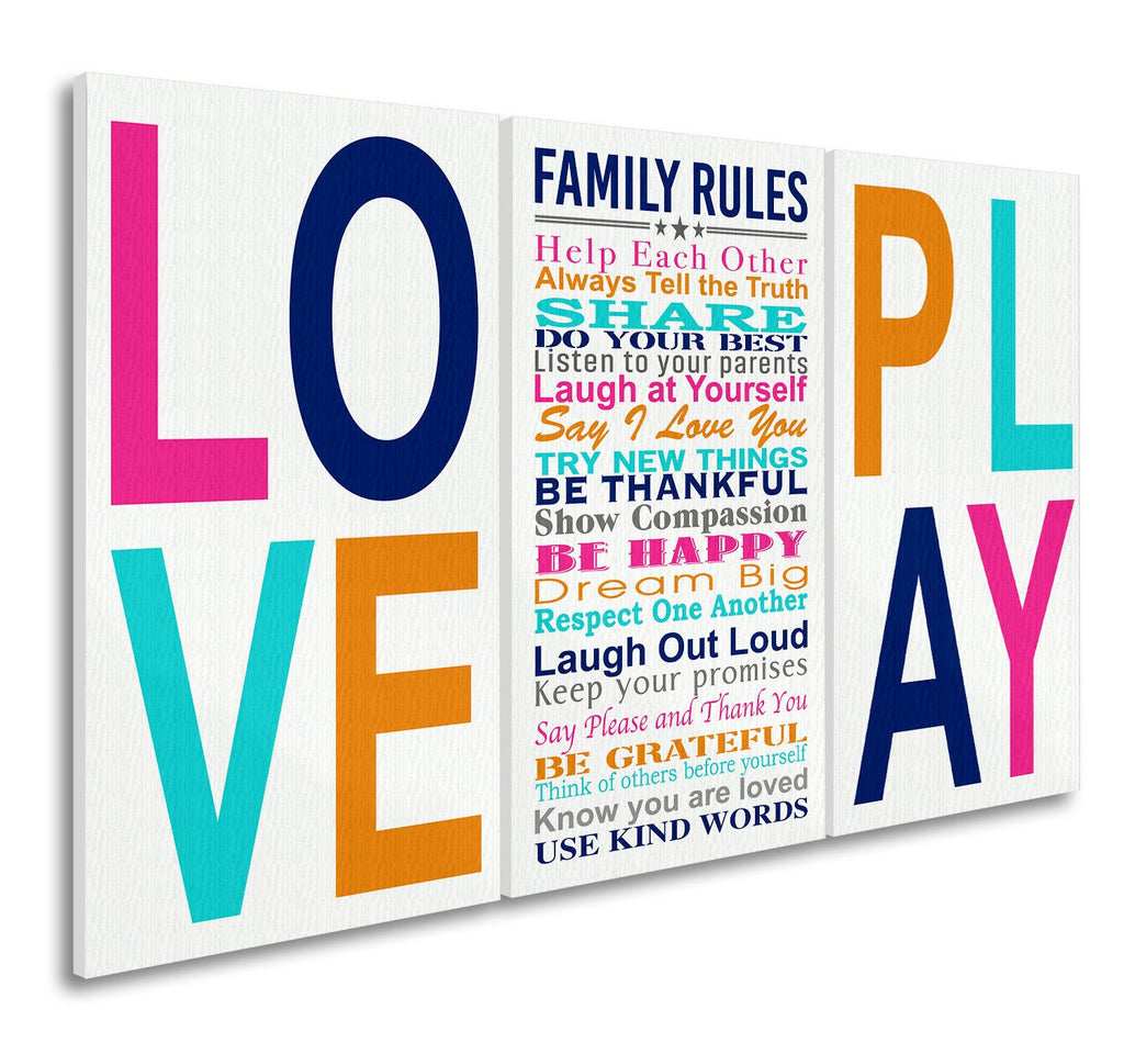 Family Rules Love And Play Set of 3 Canvas Wall Art – Family Home Decor