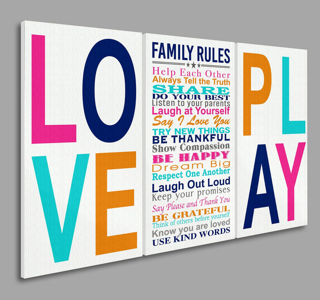 Family Rules Love And Play Set of 3 Canvas Wall Art – Family Home Decor