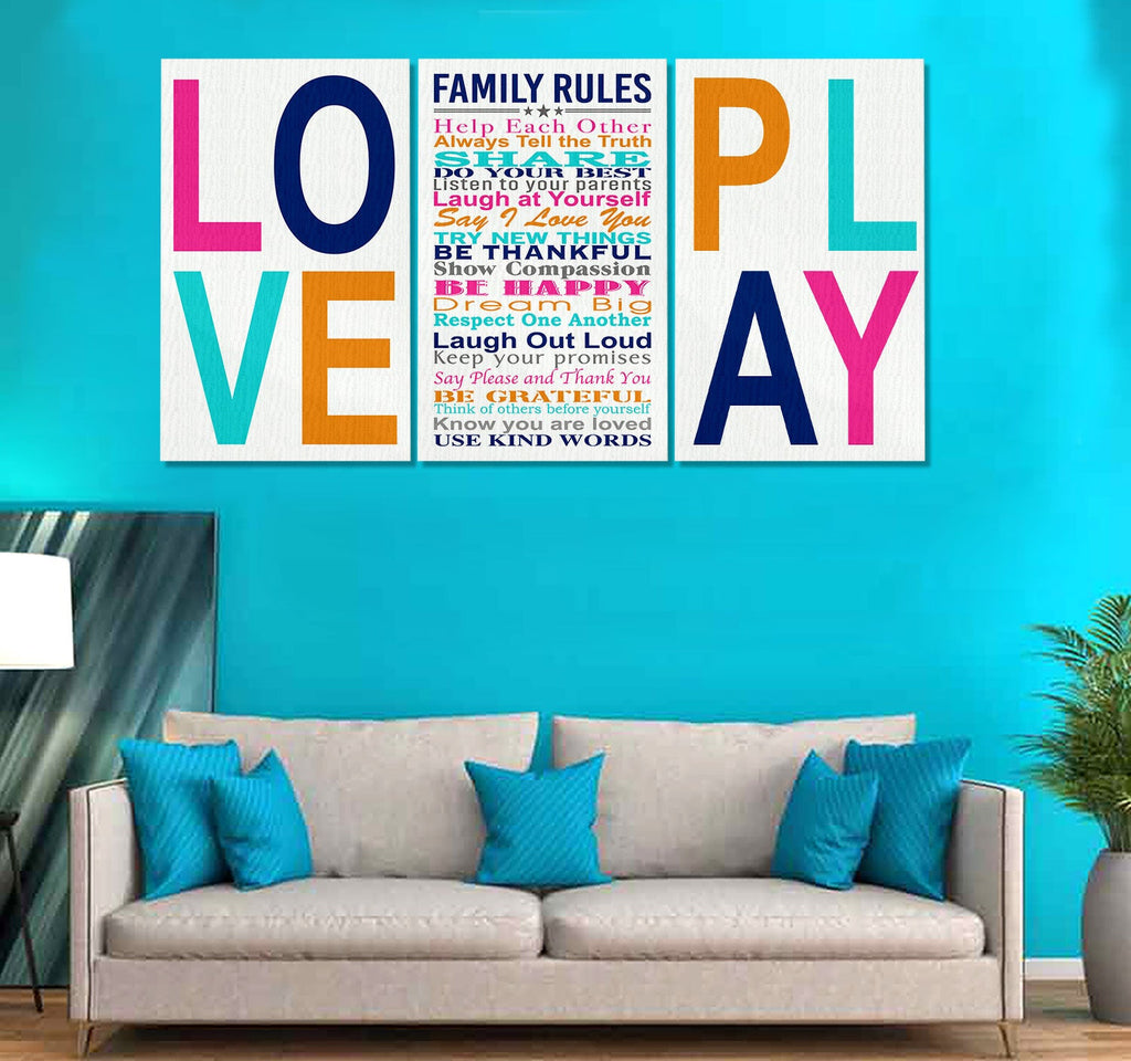Family Rules Love And Play Set of 3 Canvas Wall Art – Family Home Decor