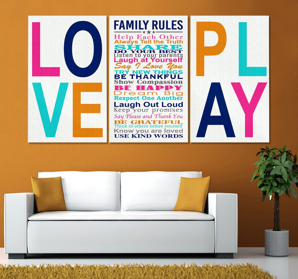 Family Rules Love And Play Set of 3 Canvas Wall Art – Family Home Decor