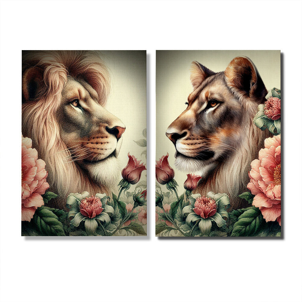 Flowers Lion Couple Canvas Wall Art – Couple Gift