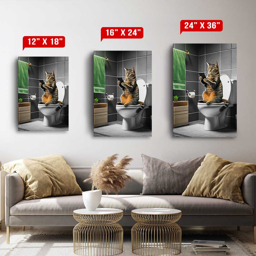 Funny Cat Reading Newspaper In Toilet Canvas Wall Art – Funny Bathroom Decor