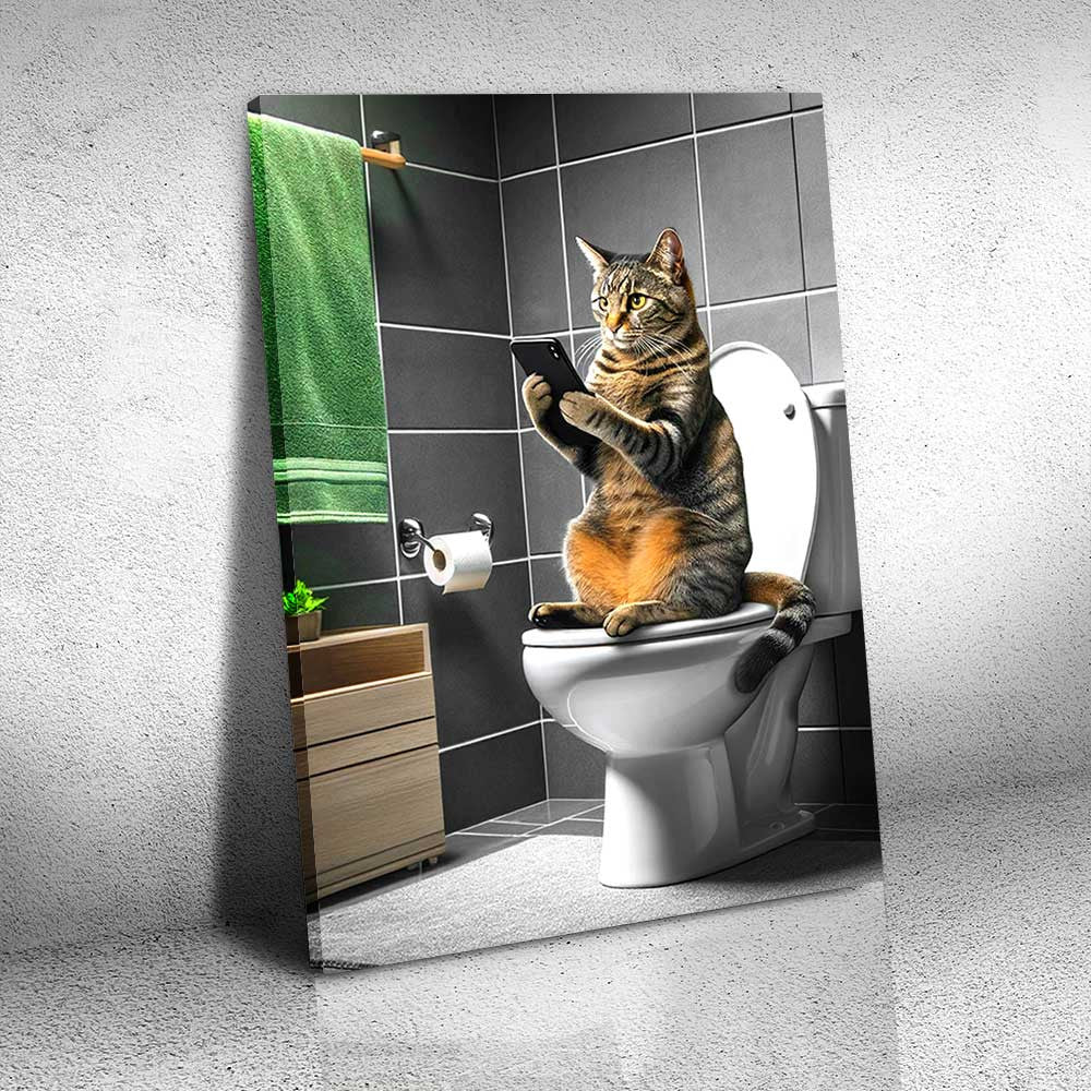 Funny Cat Reading Newspaper In Toilet Canvas Wall Art – Funny Bathroom Decor