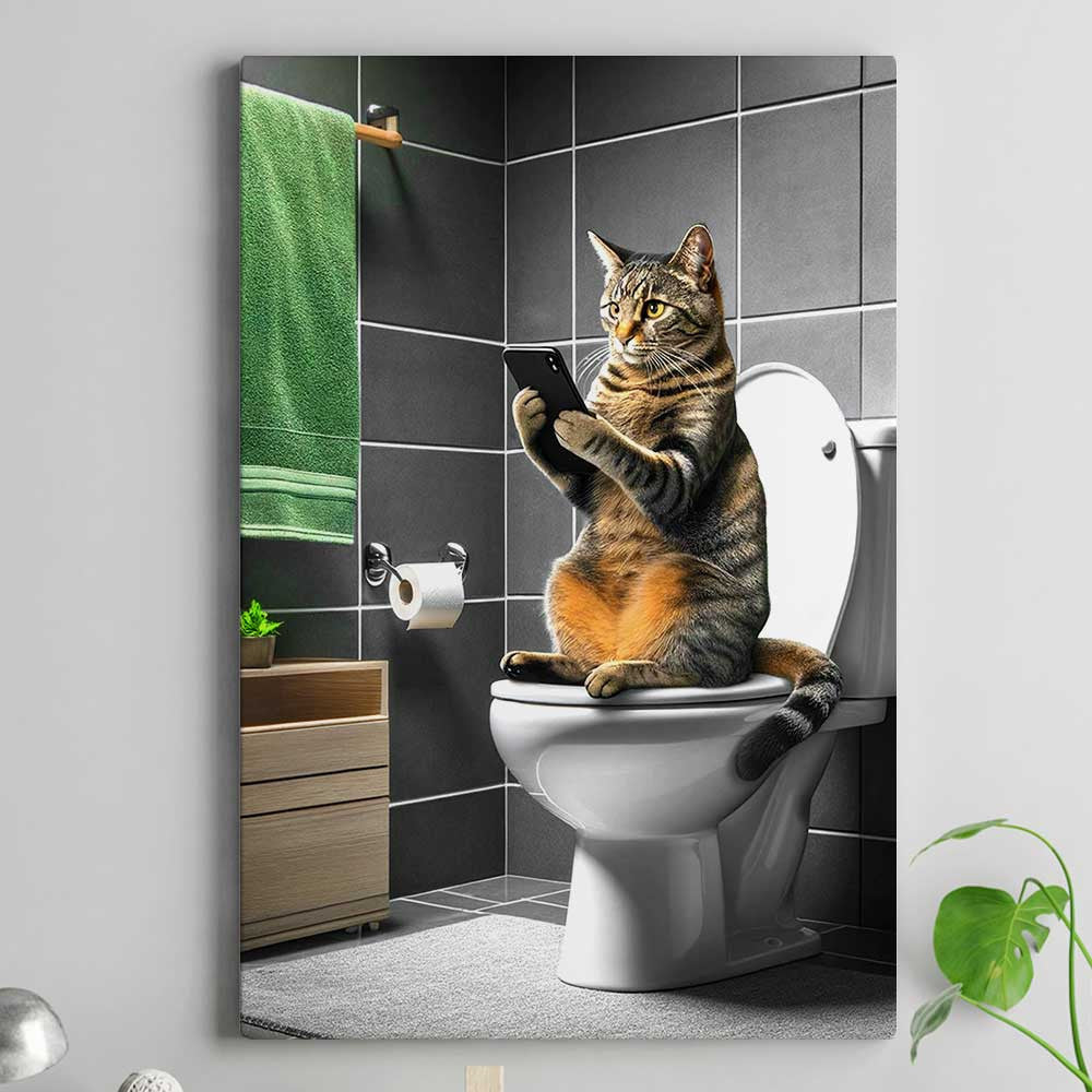 Funny Cat Reading Newspaper In Toilet Canvas Wall Art – Funny Bathroom Decor