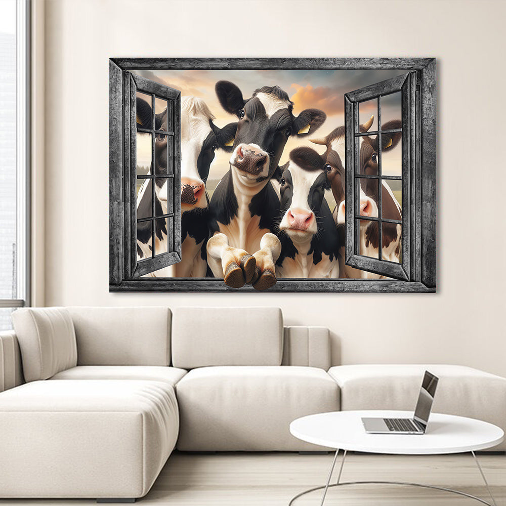 Funny Cows In The Window Canvas Wall Art – Farmhouse Wall Decor