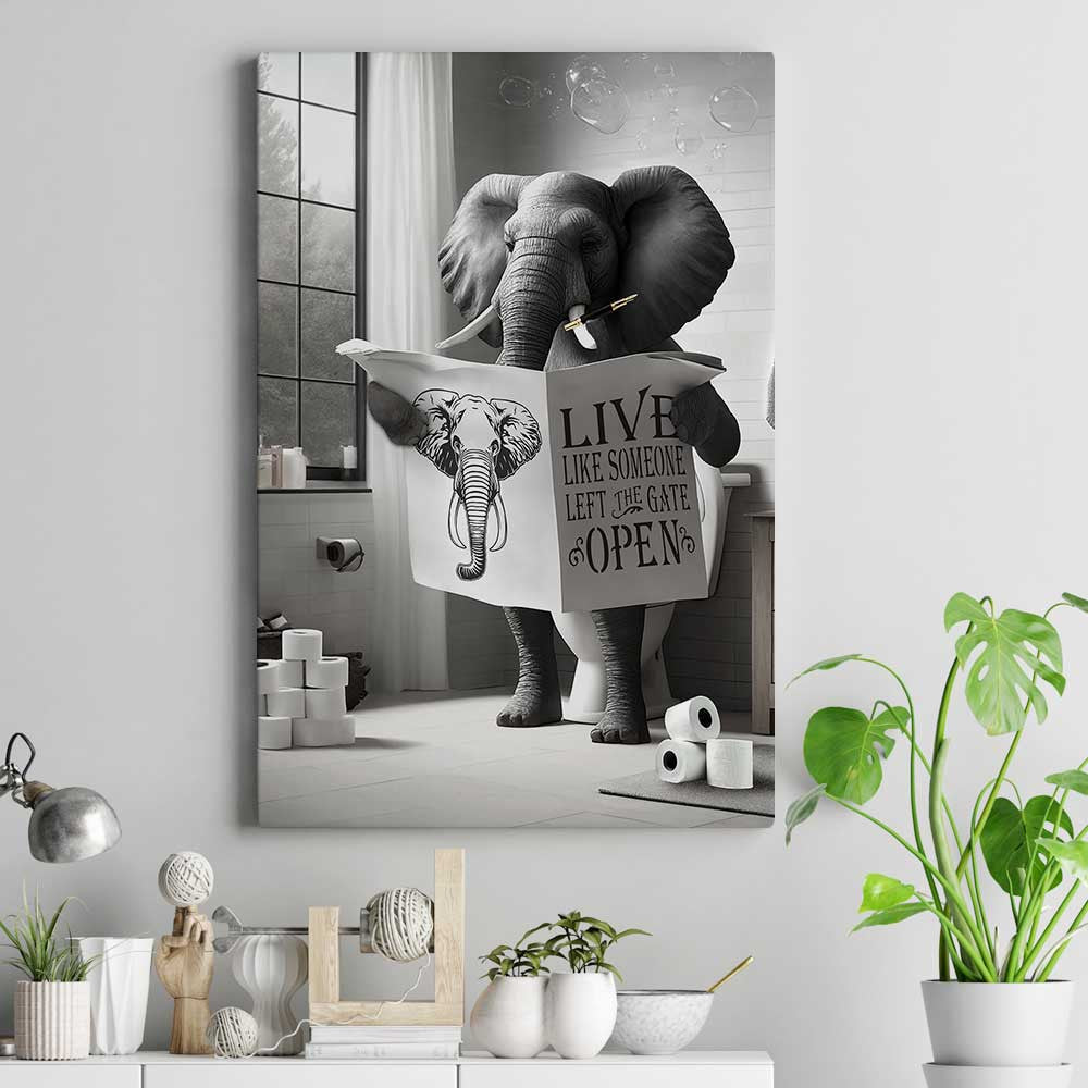 Funny Elephant Reading Newspaper In Toilet Canvas Wall Art – Funny Bathroom Decor