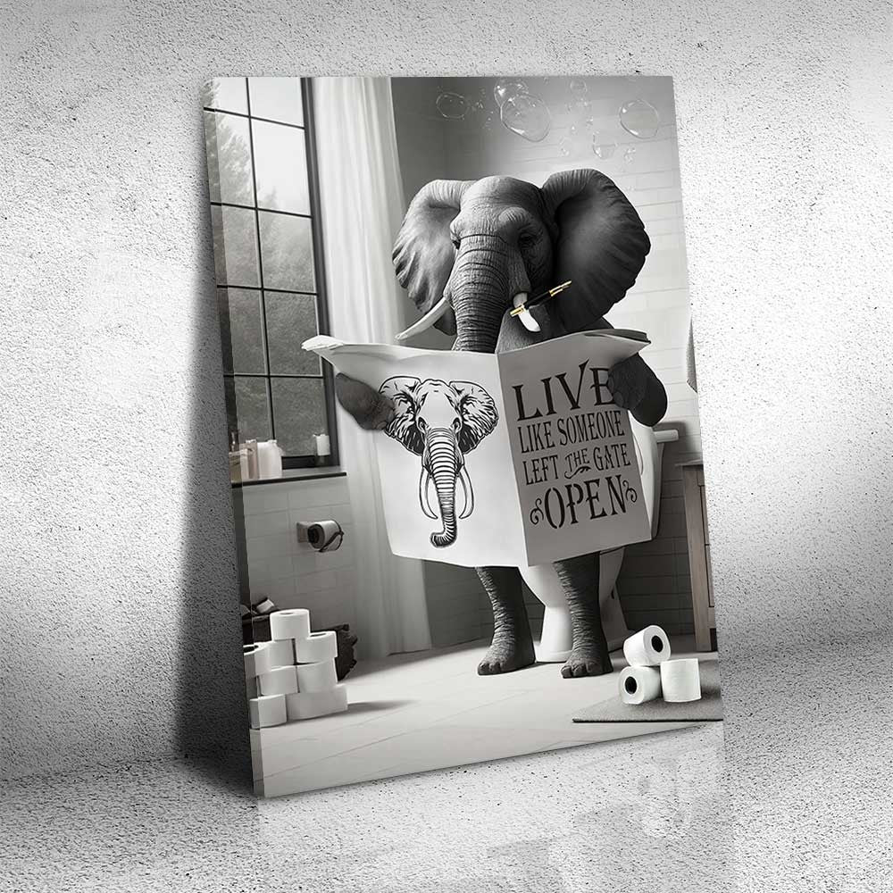Funny Elephant Reading Newspaper In Toilet Canvas Wall Art – Funny Bathroom Decor