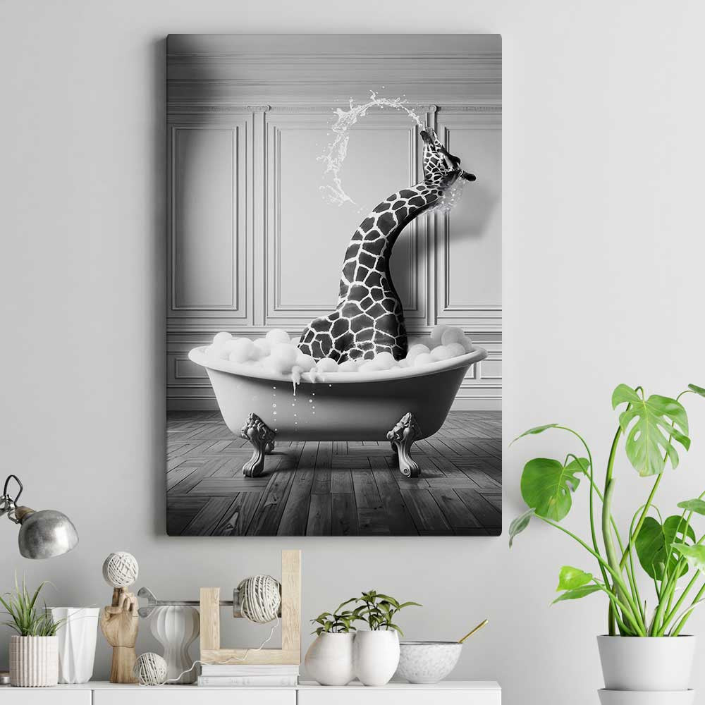 Funny Giraffe In The Bathtub Canvas Wall Art – Funny Bathroom Decor