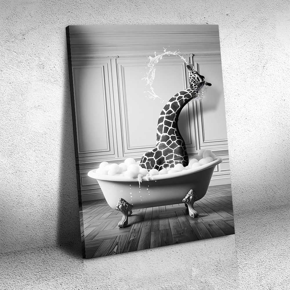 Funny Giraffe In The Bathtub Canvas Wall Art – Funny Bathroom Decor