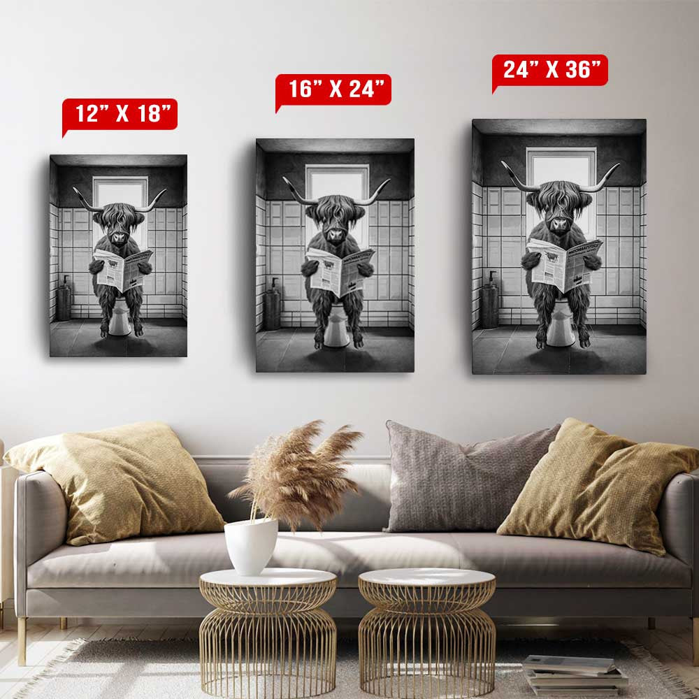 Funny Highland Cow In The Bathroom Canvas Wall Art – Funny Bathroom Decor