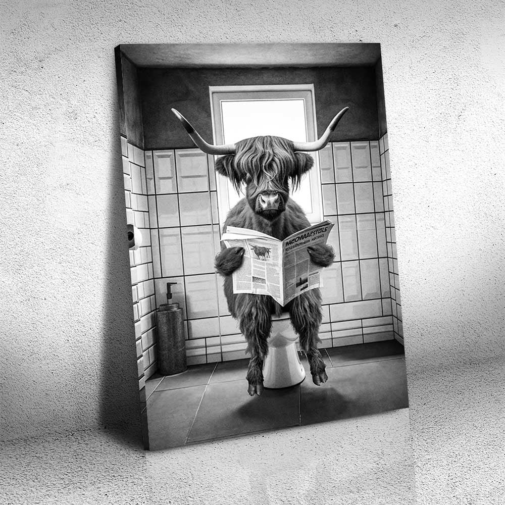 Funny Highland Cow In The Bathroom Canvas Wall Art – Funny Bathroom Decor