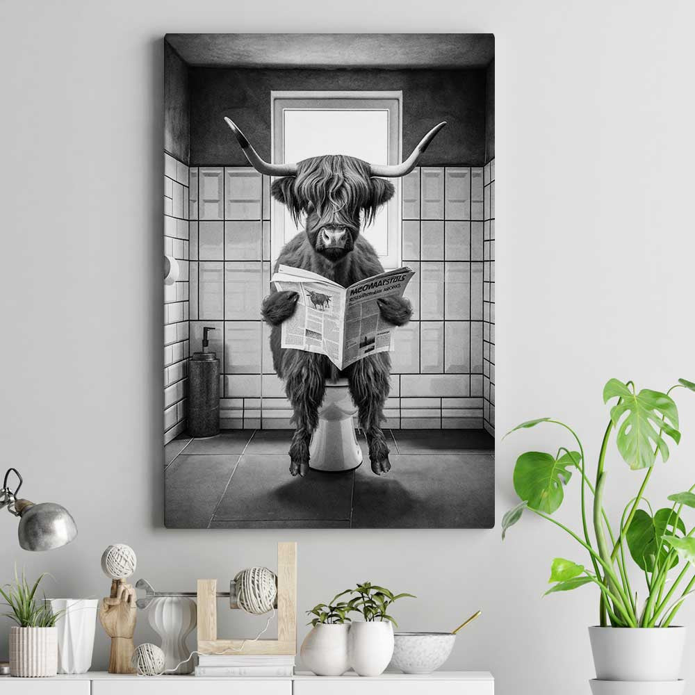 Funny Highland Cow In The Bathroom Canvas Wall Art – Funny Bathroom Decor