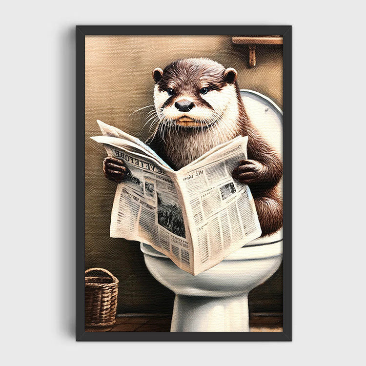 Funny Otter Reading Newspaper Canvas Wall Art – Funny Bathroom Decor