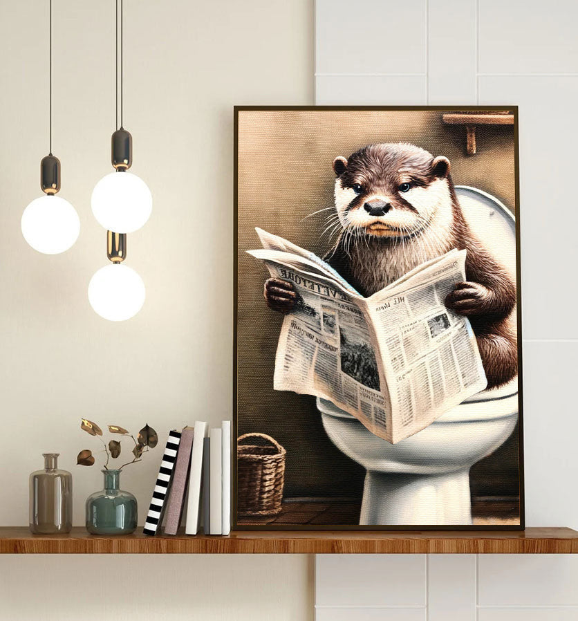 Funny Otter Reading Newspaper Canvas Wall Art – Funny Bathroom Decor