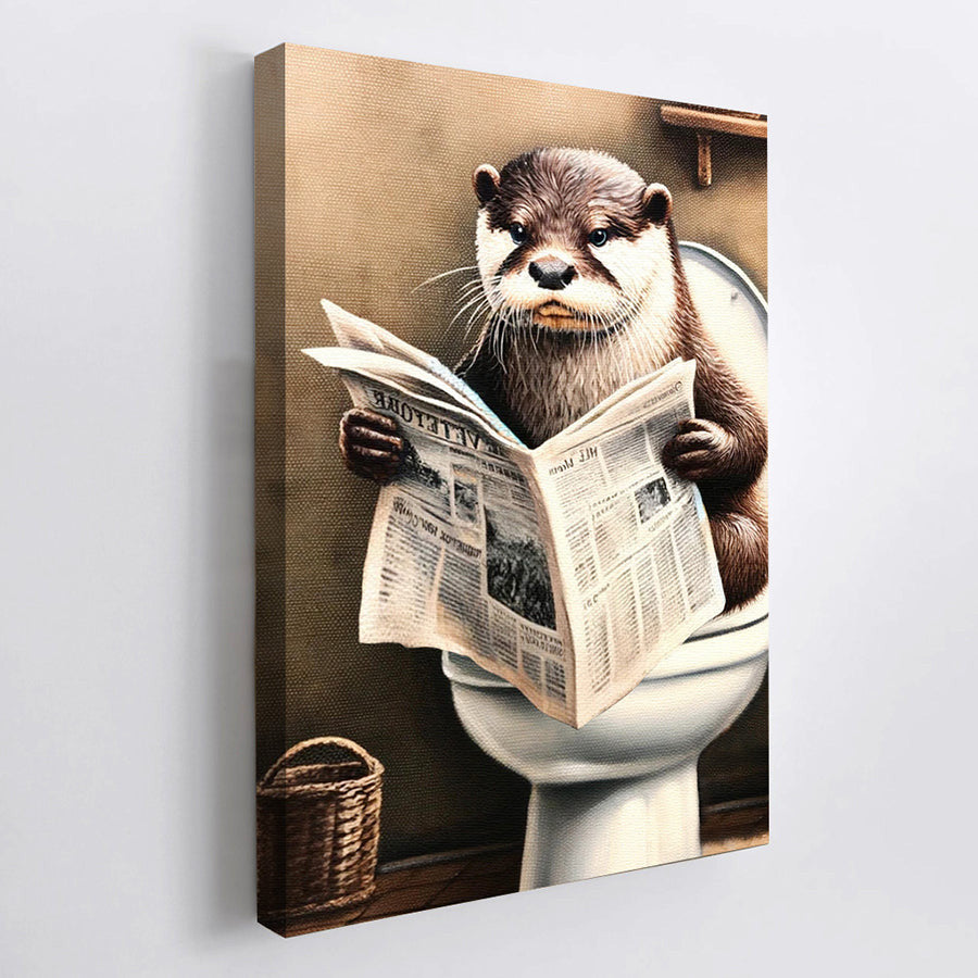 Funny Otter Reading Newspaper Canvas Wall Art – Funny Bathroom Decor