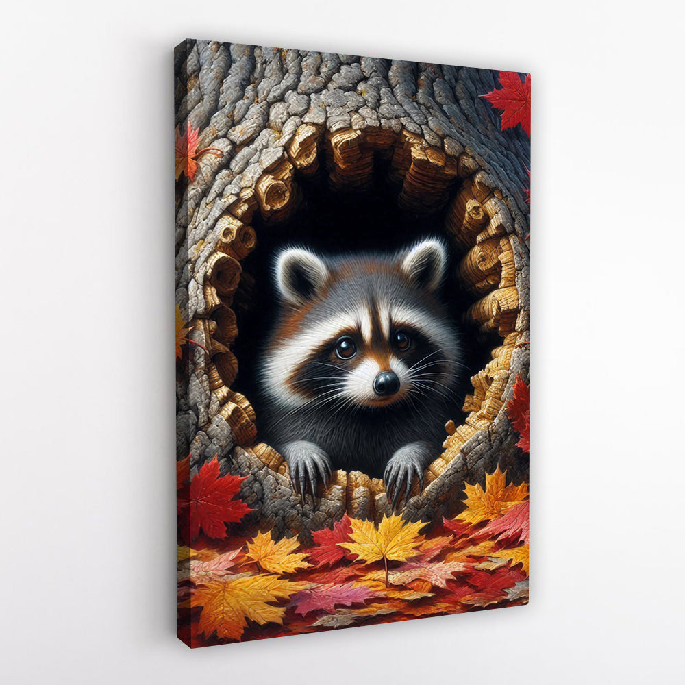 Funny Raccoon In The Tree Hole Canvas Wall Art – Animal Wall Decor