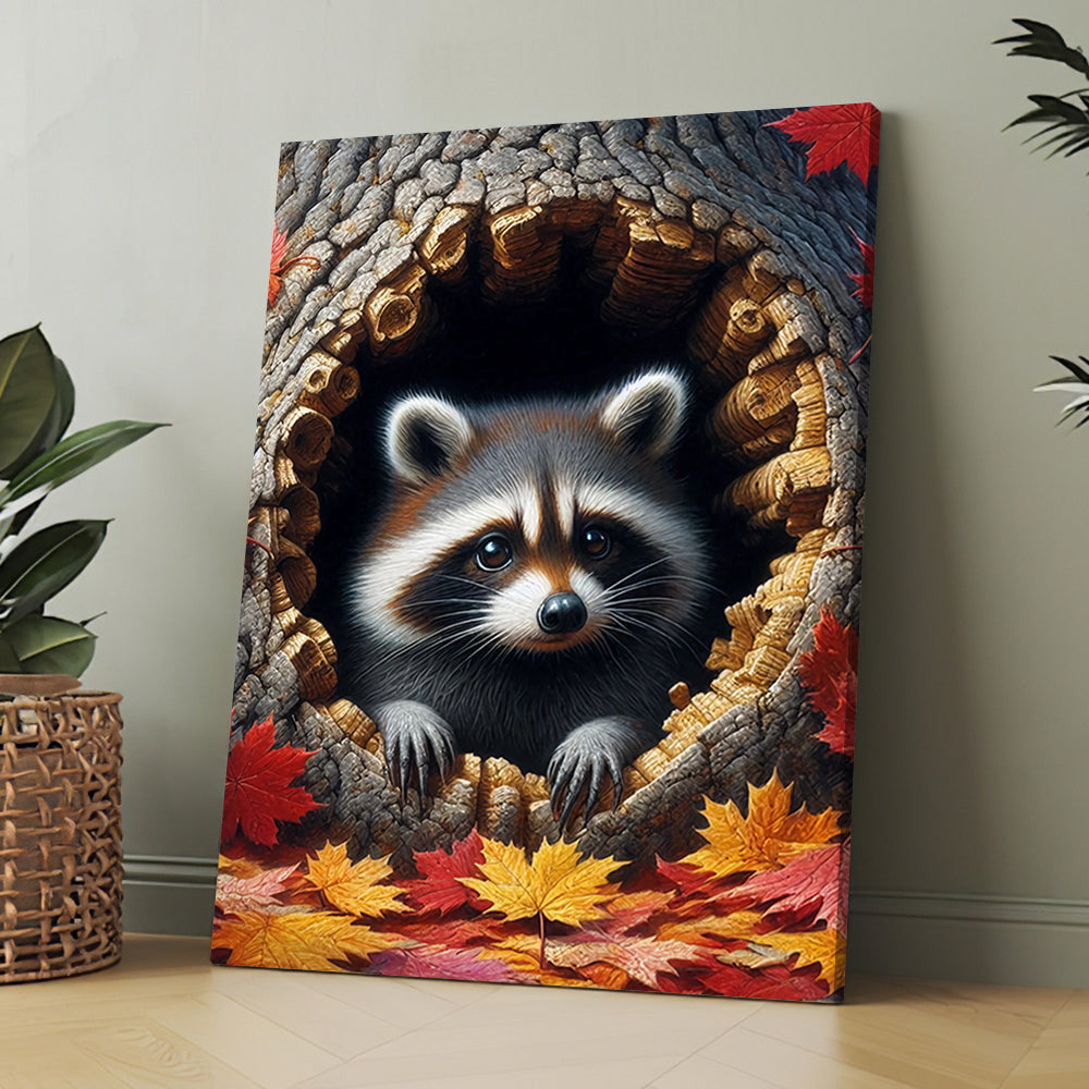 Funny Raccoon In The Tree Hole Canvas Wall Art – Animal Wall Decor