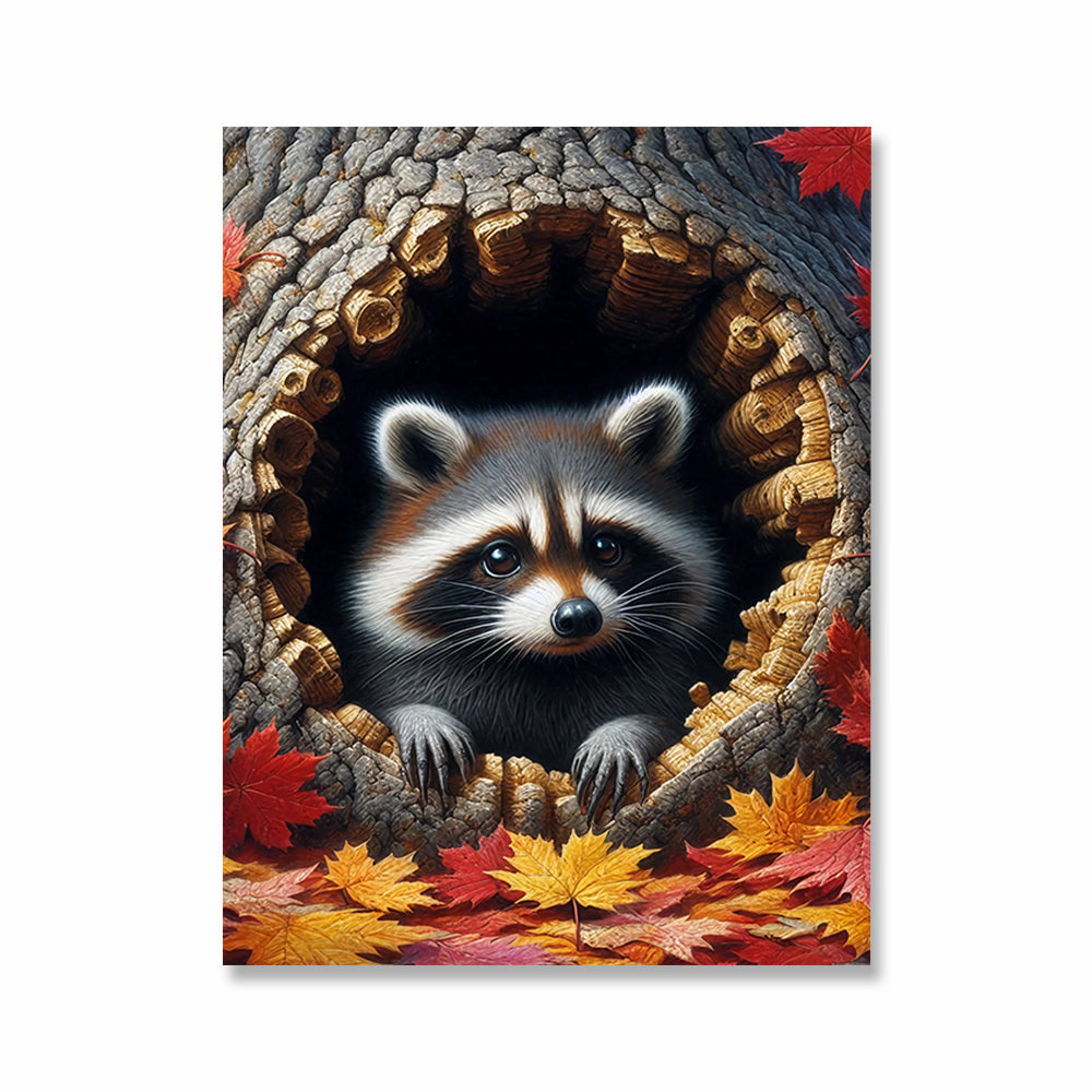 Funny Raccoon In The Tree Hole Canvas Wall Art – Animal Wall Decor