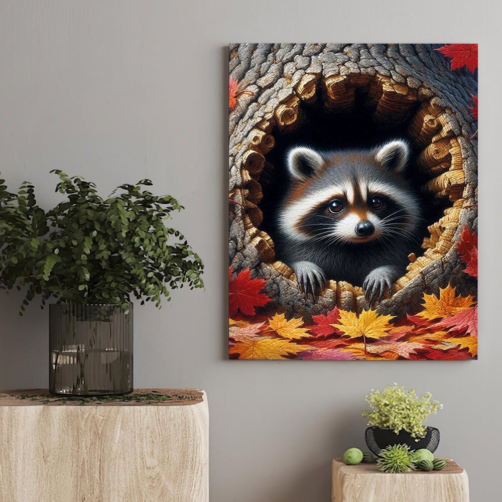 Funny Raccoon In The Tree Hole Canvas Wall Art – Animal Wall Decor