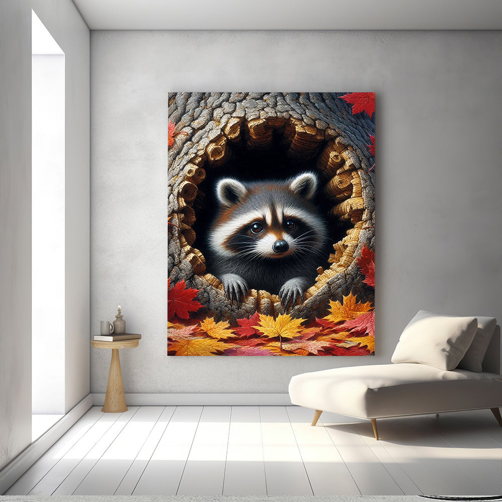 Funny Raccoon In The Tree Hole Canvas Wall Art – Animal Wall Decor