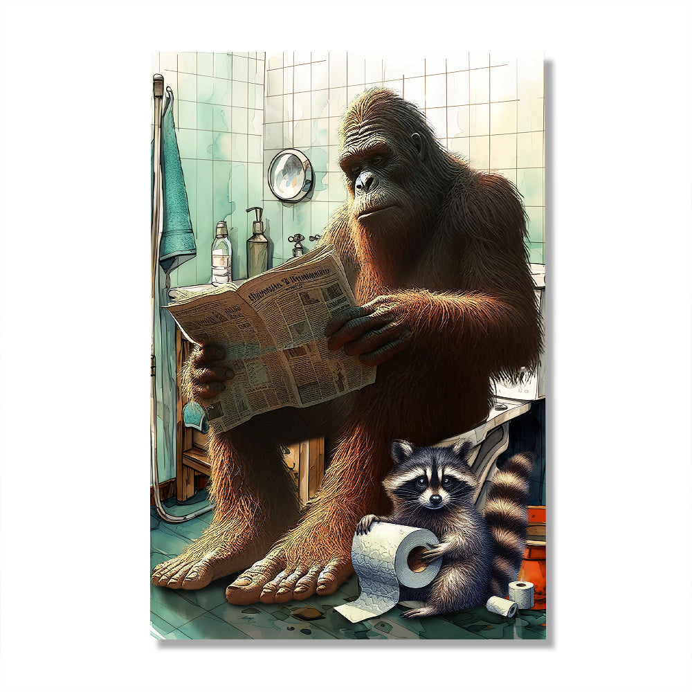 Gorilla Reading News And Raccoon In Toilet Funny Canvas Wall Art – Funny Bathroom Decor