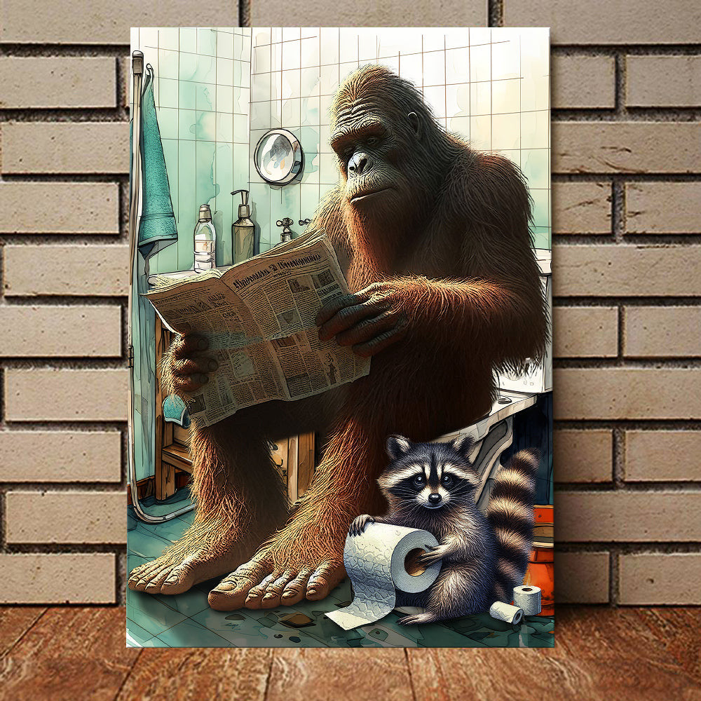 Gorilla Reading News And Raccoon In Toilet Funny Canvas Wall Art – Funny Bathroom Decor