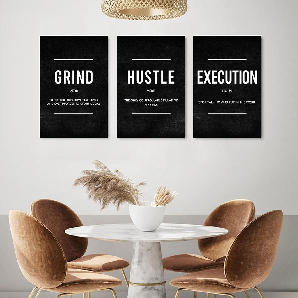 Grind Hustle Execution Success Set of 3 Canvas Wall Art – Motivational Office Decor