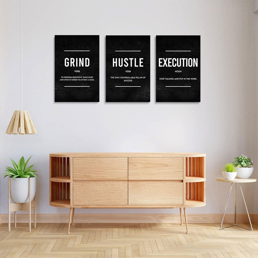 Grind Hustle Execution Success Set of 3 Canvas Wall Art – Motivational Office Decor