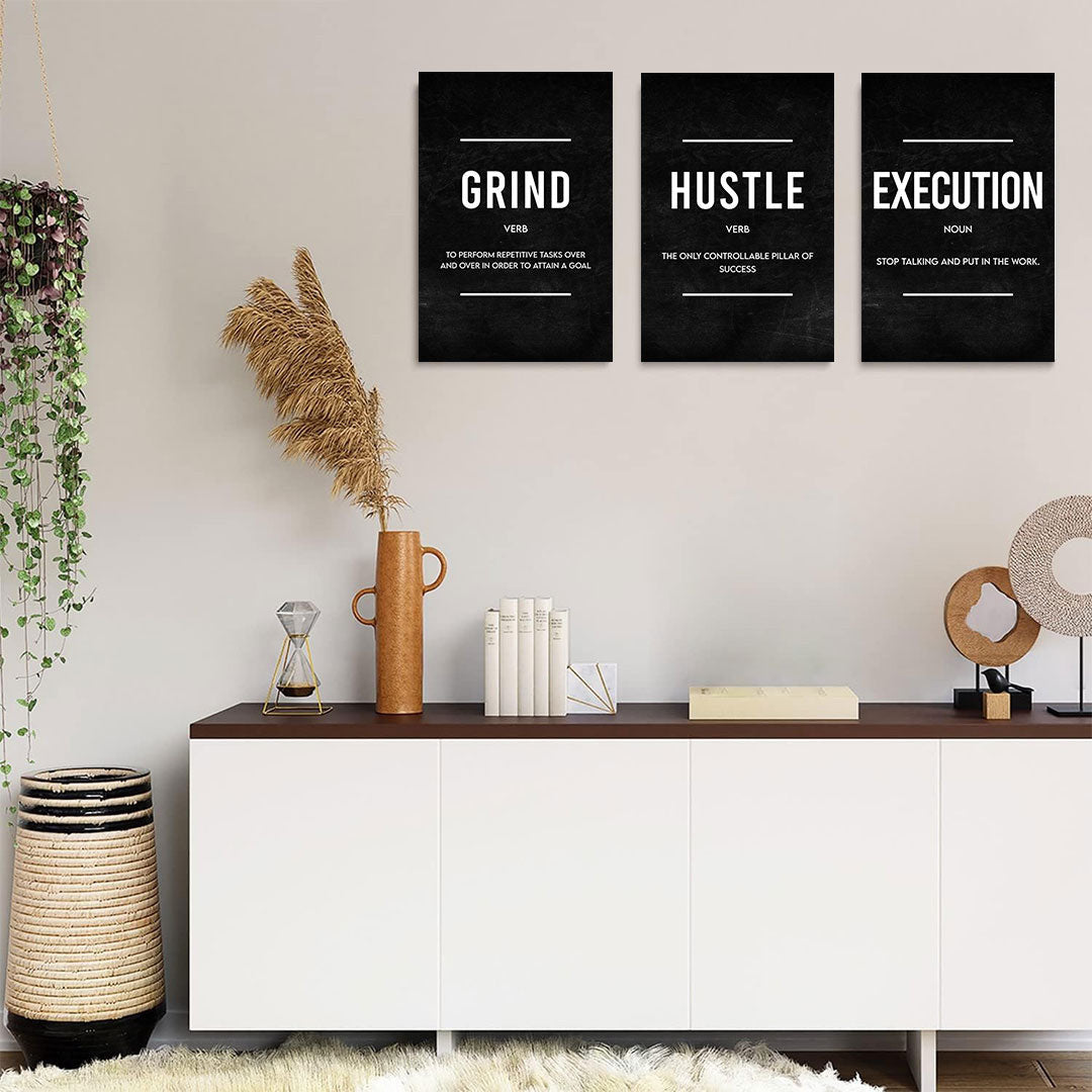 Grind Hustle Execution Success Set of 3 Canvas Wall Art – Motivational Office Decor