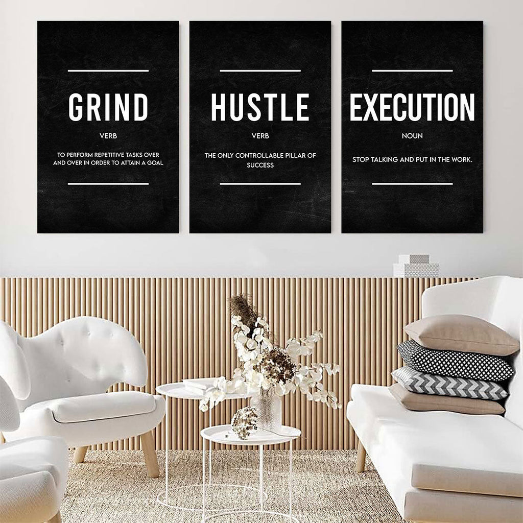 Grind Hustle Execution Success Set of 3 Canvas Wall Art – Motivational Office Decor
