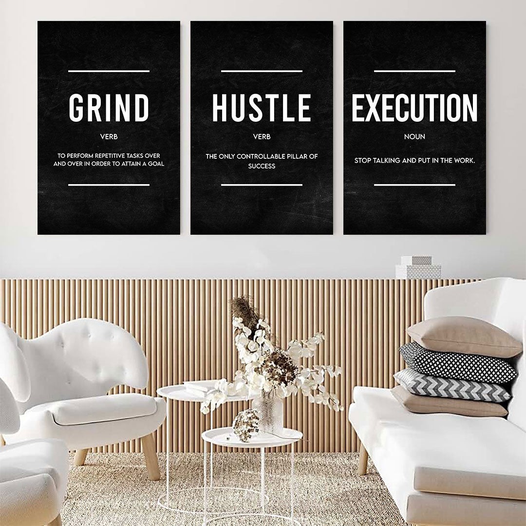 Grind Hustle Execution Success Set of 3 Canvas Wall Art – Motivational Office Decor