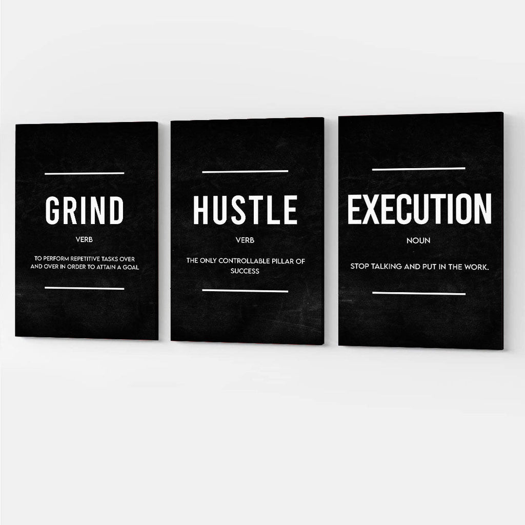 Grind Hustle Execution Success Set of 3 Canvas Wall Art – Motivational Office Decor