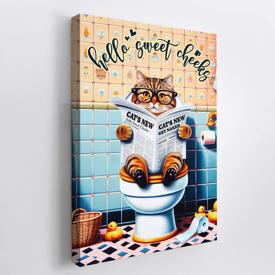 Hello Sweet Cheeks Funny Reading Newspaper Bathroom Canvas Wall Art – Funny Bathroom Decor