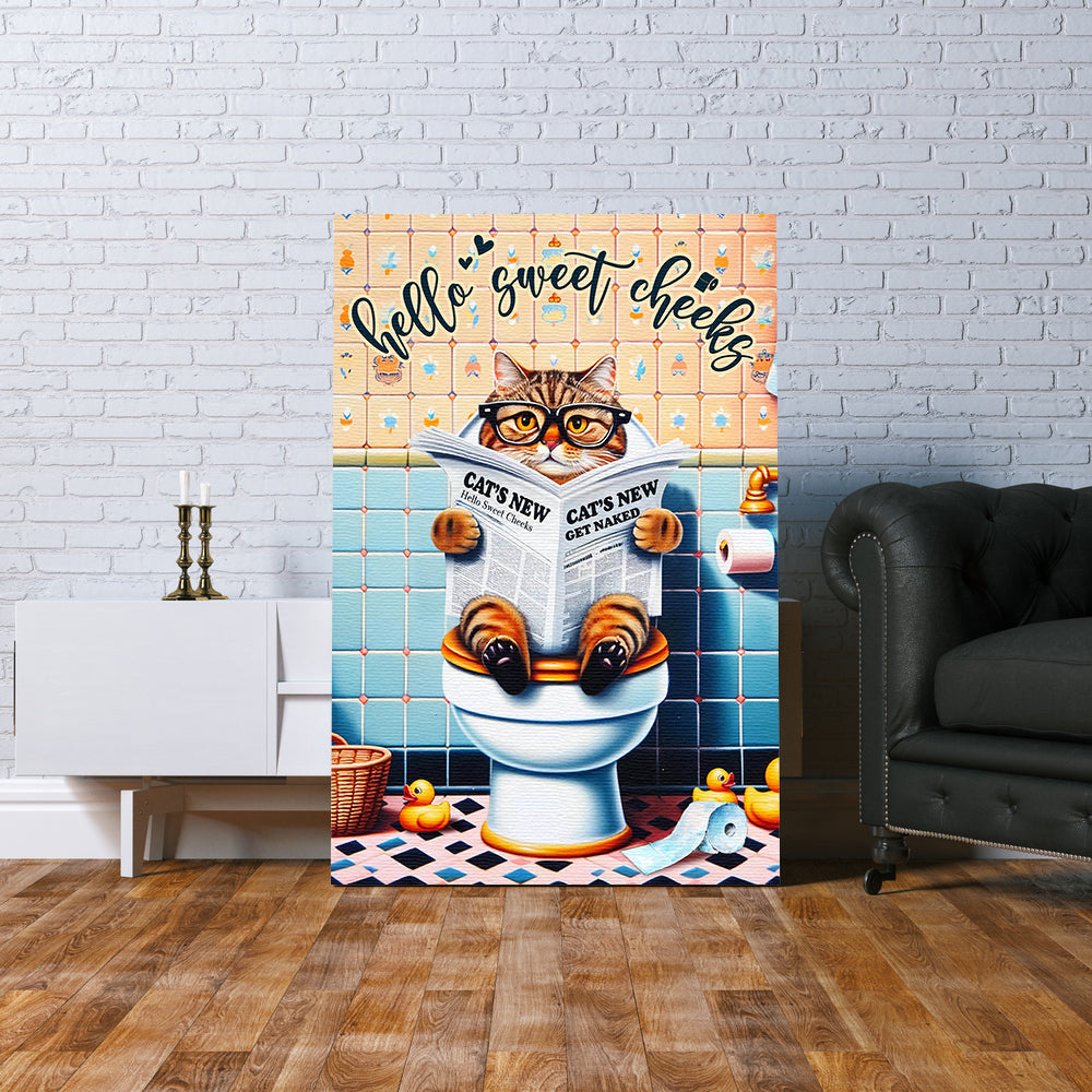 Hello Sweet Cheeks Funny Reading Newspaper Bathroom Canvas Wall Art – Funny Bathroom Decor