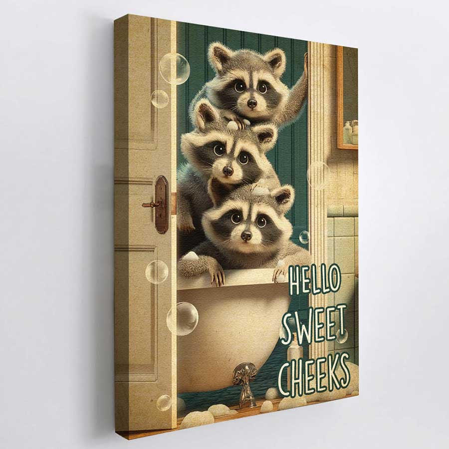 Hello Sweet Three Raccoon Canvas Wall Art – Funny Animal Wall Art