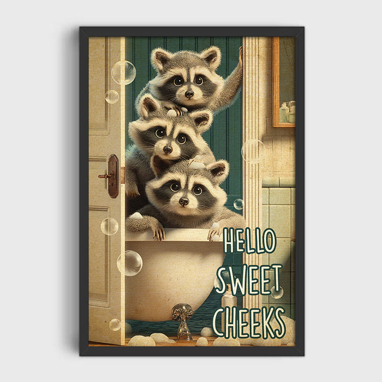 Hello Sweet Three Raccoon Canvas Wall Art – Funny Animal Wall Art