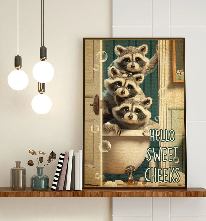 Hello Sweet Three Raccoon Canvas Wall Art – Funny Animal Wall Art