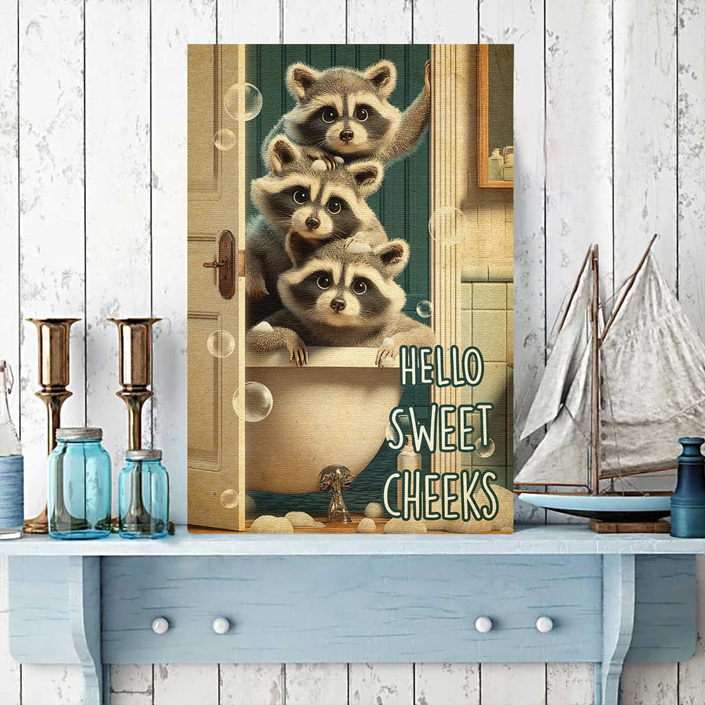 Hello Sweet Three Raccoon Canvas Wall Art – Funny Animal Wall Art