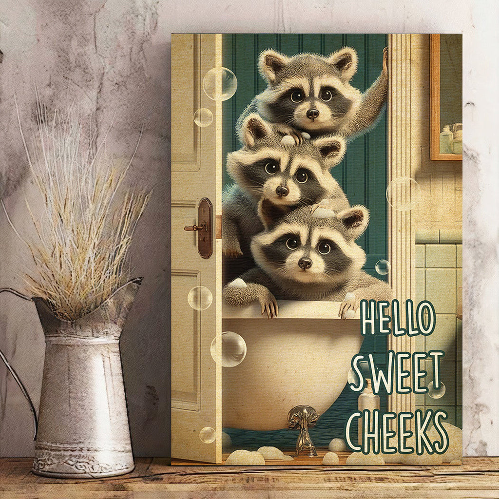 Hello Sweet Three Raccoon Canvas Wall Art – Funny Animal Wall Art